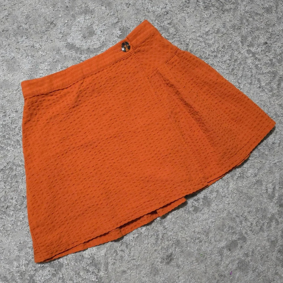 URBAN OUTFITTERS Orange Seersucker Wrap Mini Skirt, Linen Blend, Pleated Back, S - Picture 4 of 15